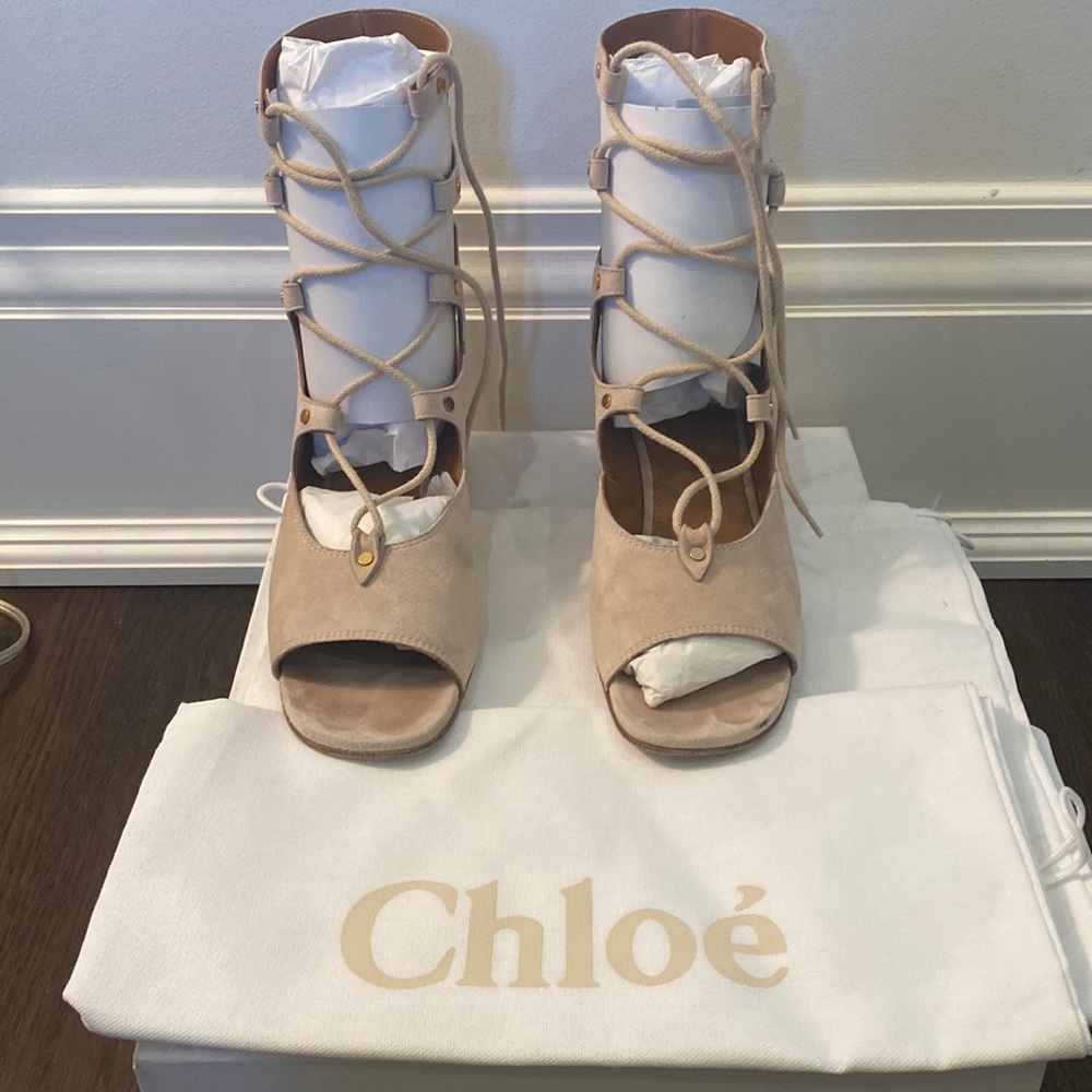 Chloe suede wedge mid calf gladiator sz 39 color : cream puff